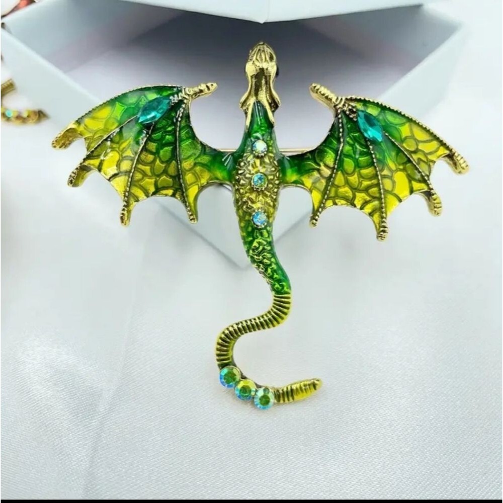 Green and Gold Dragon Brooch Rhinestone Fantasy Jewelry